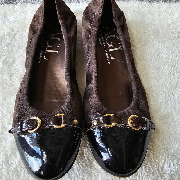 AGL Women Monika Cap Toe Slip On Ballet Flats 40 10 Brown Black Patent‎ Leather - Picture 1 of 6